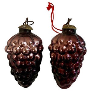 Purple Grape Cluster Glass Christmas Ornaments Lot of 2 Bumpy HTF Brass Top 3" H
